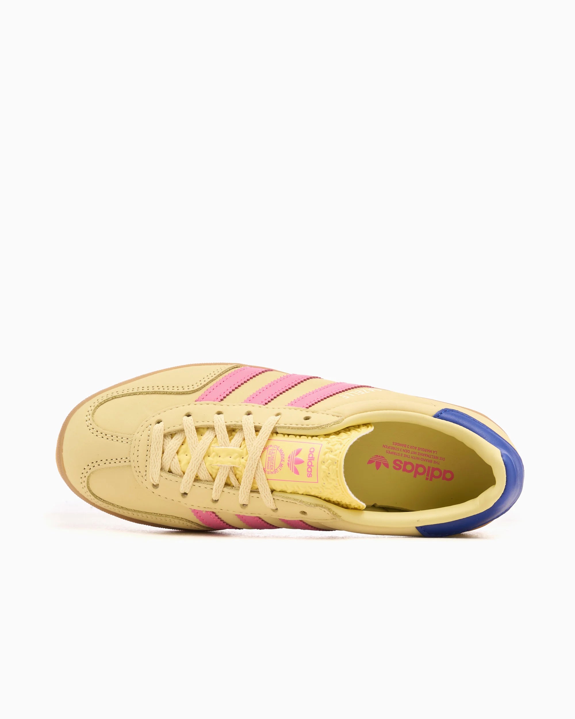 adidas Originals Gazelle Indoor para mujer, color amarillo polvo/rosa lúcido/azul royal